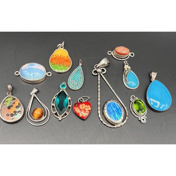 Lot of Various Sterling Silver Pendants Blue Green Heart Oval For Craft Art ASIS - Picture 1 of 2